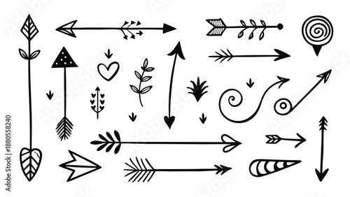 A variety of black and white doodle arrows, each uniquely designed, pointing in multiple directions for creative expression..eps