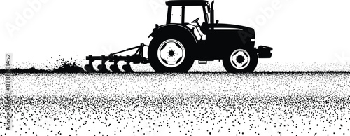 Black and white vector illustration of a farm tractor plowing a field silhouette, agricultural machinery working on rural farmland isolated on white,