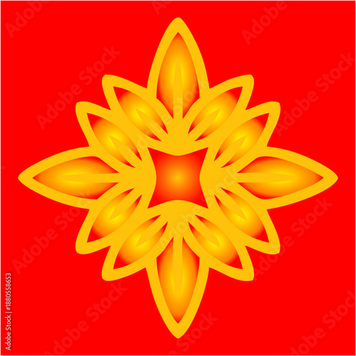 A radiant golden floral mandala on a fiery red background, symbolizing energy, passion, strength, and the vibrant warmth of the sun.