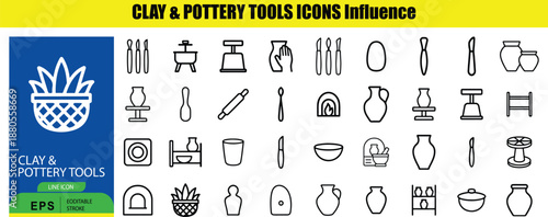 Set of Outline black and white line of clay pottery tools and vase
