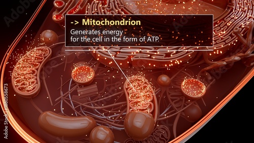 3D illustration of a mitochondrion producing cellular energy