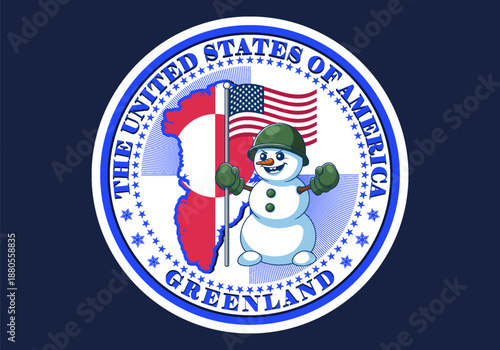 Vector comical round blue and white sticker or medal. United States of America. Map of Greenland. Cheerful cartoon snowman winner in mittens and military helmet holding flag. Toon winter emblem