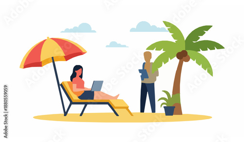 Remote freelance work on beach relaxed lifestyle flat vector illustration