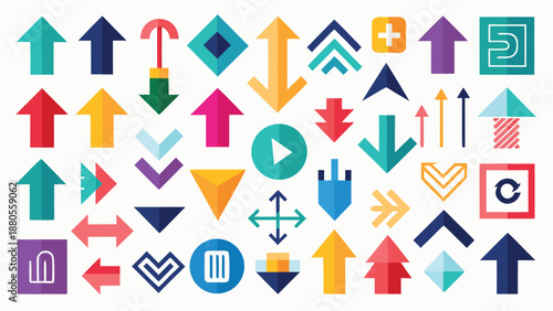 Multiple arrows displayed in diverse colors, illustrating various orientations and designs..eps