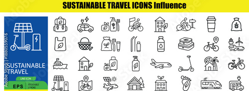 Set of Outline black and white line representing sustainable travel concepts line sustainable travel