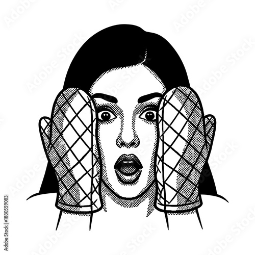 shocked woman with wide eyes and an open mouth wearing oven mitts, surprised female cook character illustration