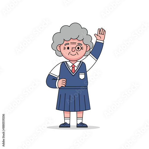 An elderly woman in a school uniform waves her hand.