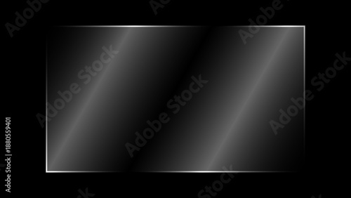 Realistic transparent shiny rectangular glass panel with light glare and reflection overlay effect. Clear glossy vector glass plate isolated on black background 16:9 ratio gradient glass illustration.