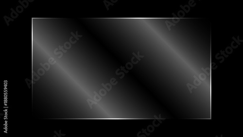 Realistic transparent shiny rectangular glass panel with light glare and reflection overlay effect. Clear glossy vector glass plate isolated on black background 16:9 ratio gradient glass illustration.