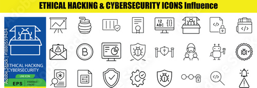 Set of Ethical Hacking and Cybersecurity Line on Outline White Background computer security