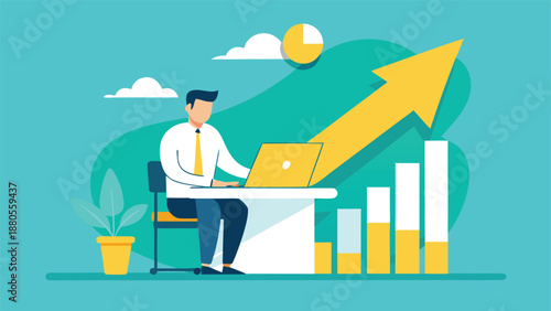 Man working at a desk with a laptop, reviewing a graph that indicates growth..eps