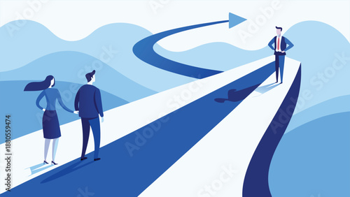 Business professionals standing on a road with an upward arrow, symbolizing growth and progress in their careers..eps