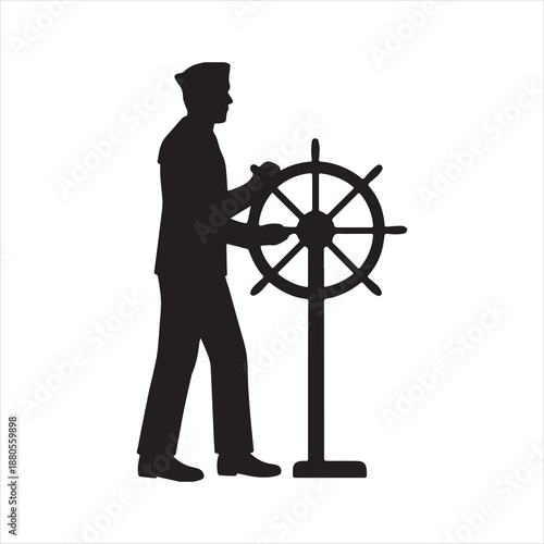 Silhouette sailor steering vintage ship wheel at helm station Vector illustration