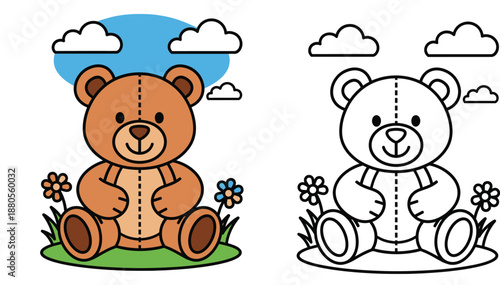 Cute cartoon teddy bear vector illustration for coloring book. Sitting animal character with colored and outline versions, flowers and clouds background for kids education and fun activity.
