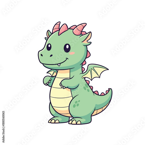 A cute green dragon with pink spikes stands smiling on a white background.