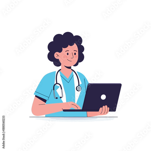 A smiling healthcare professional works on a laptop in a clinical setting indoors.