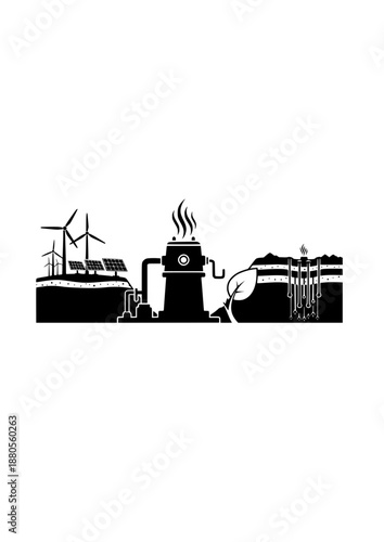 Geothermal Energy Well Silhouette, Sustainable Clean Power and Renewable Heat Source, Deep Earth Technology and Ecology Concept Vector