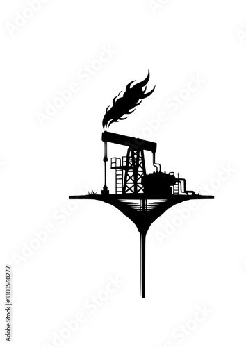 Geothermal Energy Well Silhouette, Sustainable Clean Power and Renewable Heat Source, Deep Earth Technology and Ecology Concept Vector