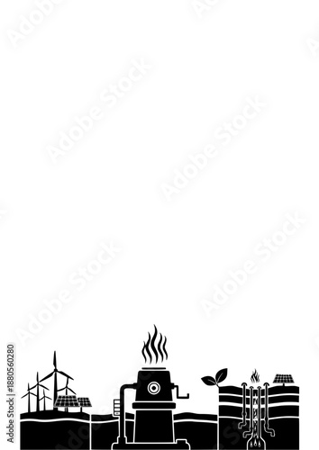 Geothermal Energy Well Silhouette, Sustainable Clean Power and Renewable Heat Source, Deep Earth Technology and Ecology Concept Vector