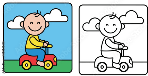 Coloring book page for kids with colorful example. Cute happy baby boy riding a red toy car on the grass. Vector illustration with black outline and color version for children activity.
