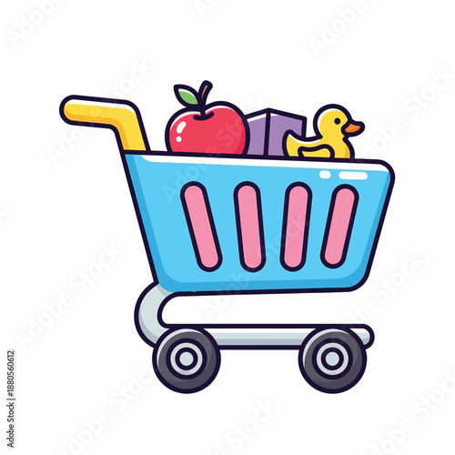 Shopping cart filled with colorful items on wheels