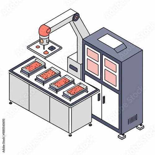 Automated food packaging machine: advanced system for sealing and protecting products in trays.