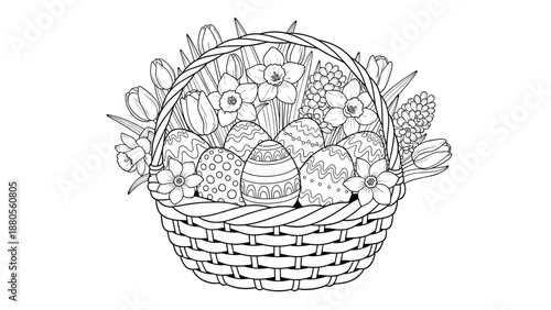 Easter Basket with Decorated Eggs and Spring Flowers Coloring Page, Generative AI.