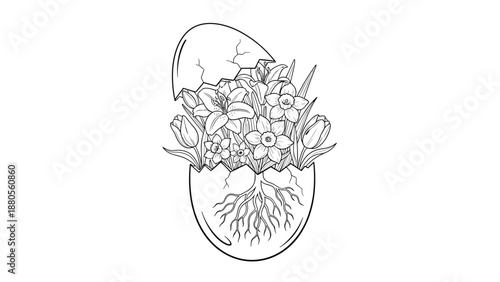Cracked Eggshell with Spring Flowers and Roots Line Art, Generative AI.