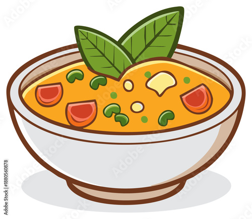 Cartoon illustration of a delicious hot bowl of soup with vegetables and basil garnish