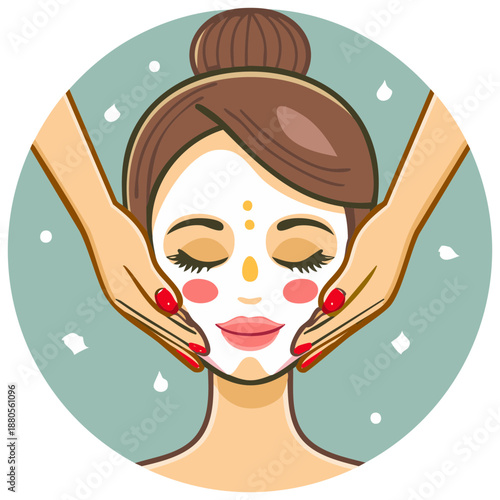 Woman receiving facial massage and skincare treatment with mask applied to face