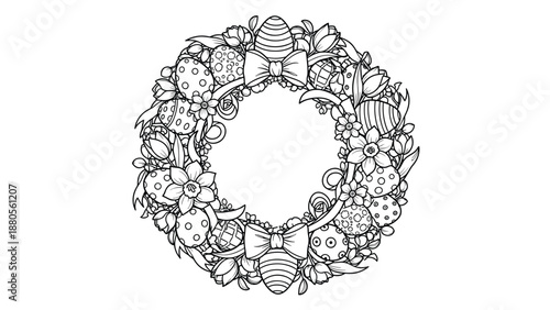 Intricate Easter Wreath with Eggs and Flowers Coloring Page, Generative AI.