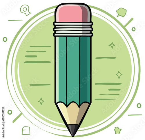 Cartoon pencil icon with pink eraser and light green background