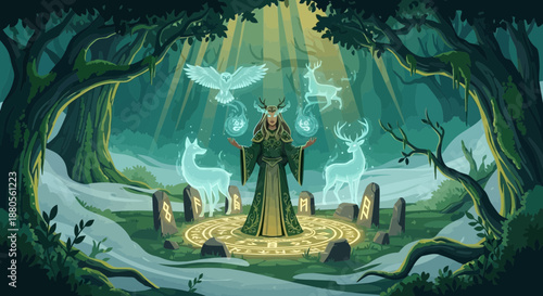 Woman in a mystical forest with ancient stones and birds