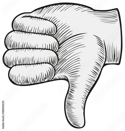 Hand showing thumbs down gesture in vintage engraving style for disapproval concept