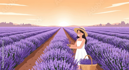 Woman harvesting lavender in a field at sunset.