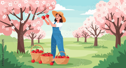 Woman Picking Fresh Cherries in a Blossoming Orchard