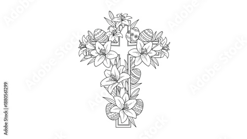 Religious Cross Adorned with Beautiful Lily Flowers Line Art, Generative AI.