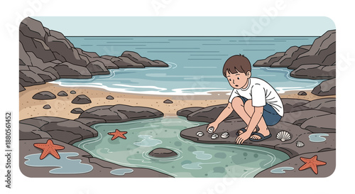 Young boy exploring tidal pool on a rocky beach