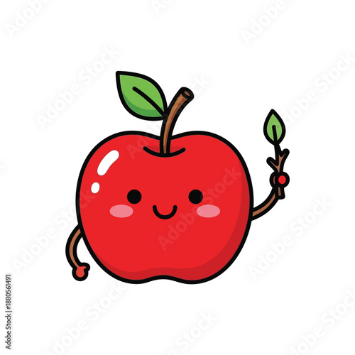 A cheerful cartoon apple with leaves and a stem smiles happily on a white background.