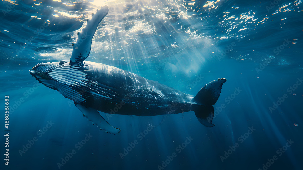 Naklejka premium Majestic humpback whale diving underwater in sunlit ocean scene