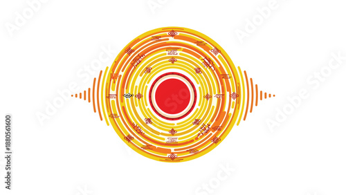 Abstract concentric circles with central red dot and radiating sound waves, Generative AI.