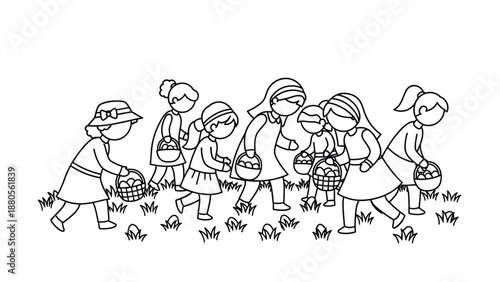 Children on an Easter egg hunt carrying baskets and searching for eggs in the grass, Generative AI.
