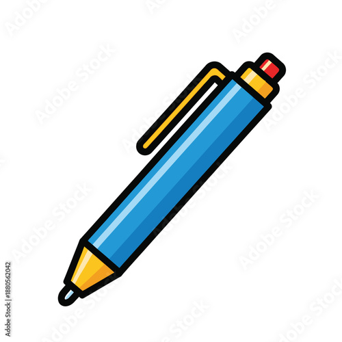 A blue pen with yellow accents and a red top is shown.