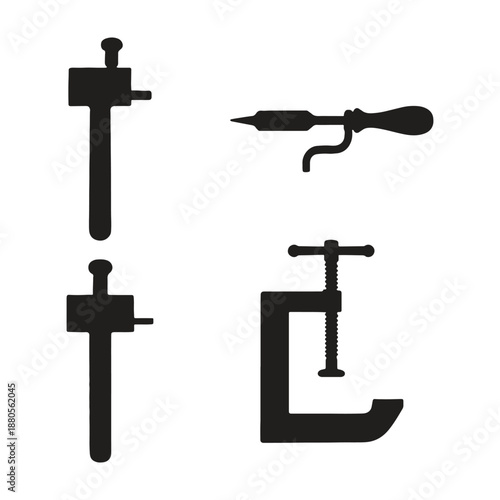 Black silhouettes of clamps and drill on white background tools