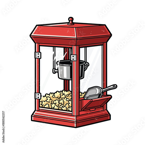 An illustration of a red popcorn machine sitting on a table indoors producing snacks.