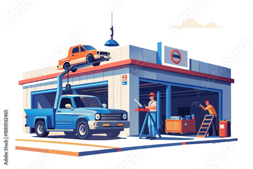 Truck loading hatchback car on flatbed for roadside assistance. Vector illustration of a tow truck loading a car for auto repair. Tow truck loading hatchback car on flatbed for roadside assistance.