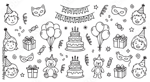 Black and white illustration of various birthday party elements and decorations