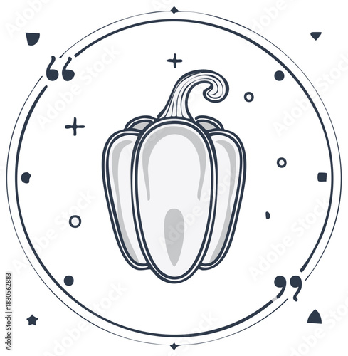 Stylized pepper illustration within a circular frame, vintage design with embellishments.