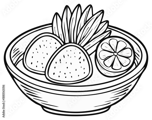 Hand drawn illustration of a savory soup bowl with dumplings and lime garnish