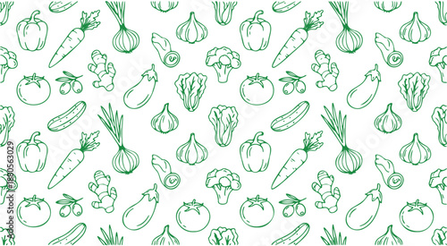 A seamless pattern of various green vegetables and fresh produce